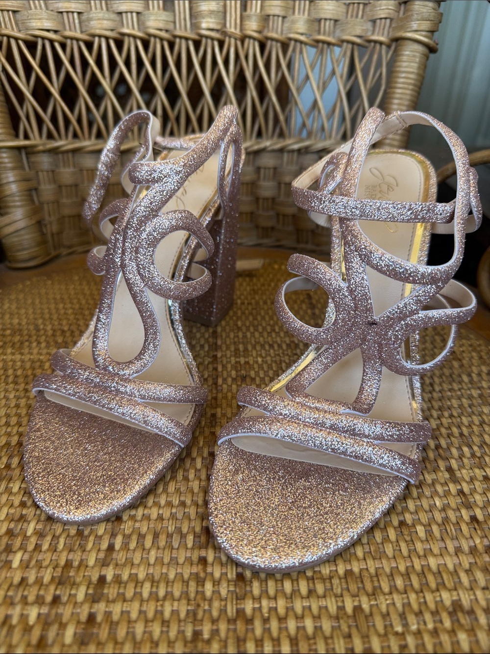 Badgley Mischka Rose Gold Glitter Strappy Block Heels
